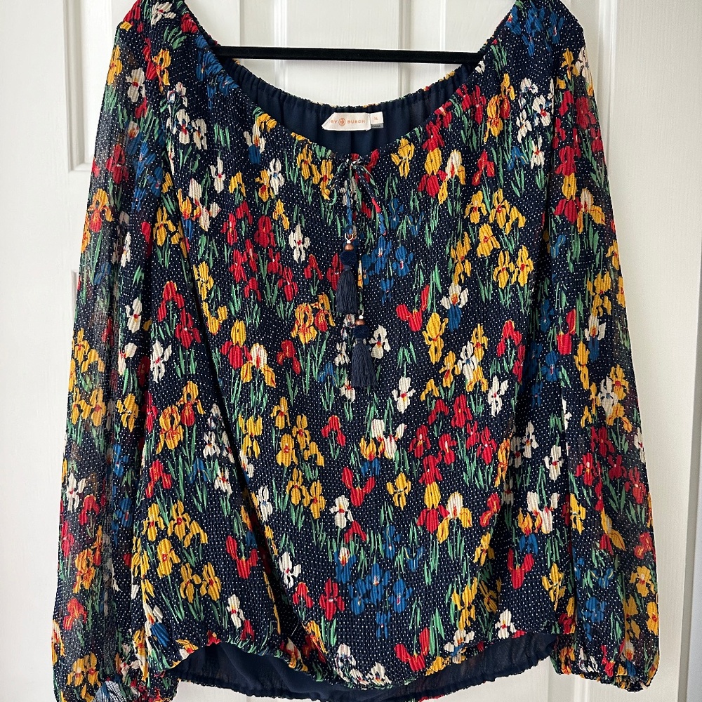 Tory Burch Josephine Iris Garden Party Navy Shirt Size XL